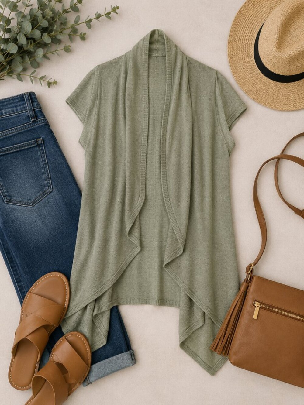Talbots Tencel Blend Open Front Draped Vest L/XL Sage Green